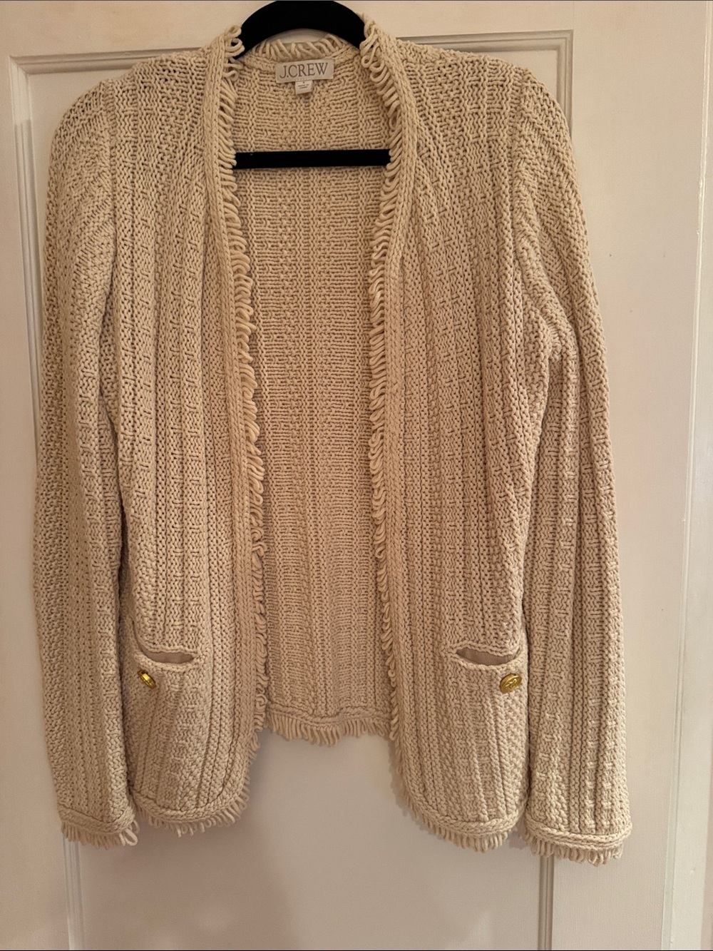 J. Crew Cream Fringe-Trim Lady Jacket Cardigan with Pocket Buttons